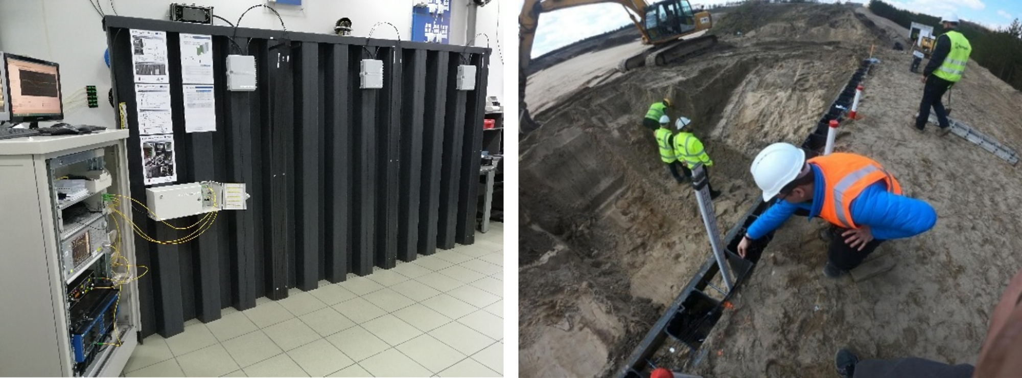 Zdjęcie grodzic wyposazonych w czujniki światłowodowe podczas testów laboratoryjnych i terenowych